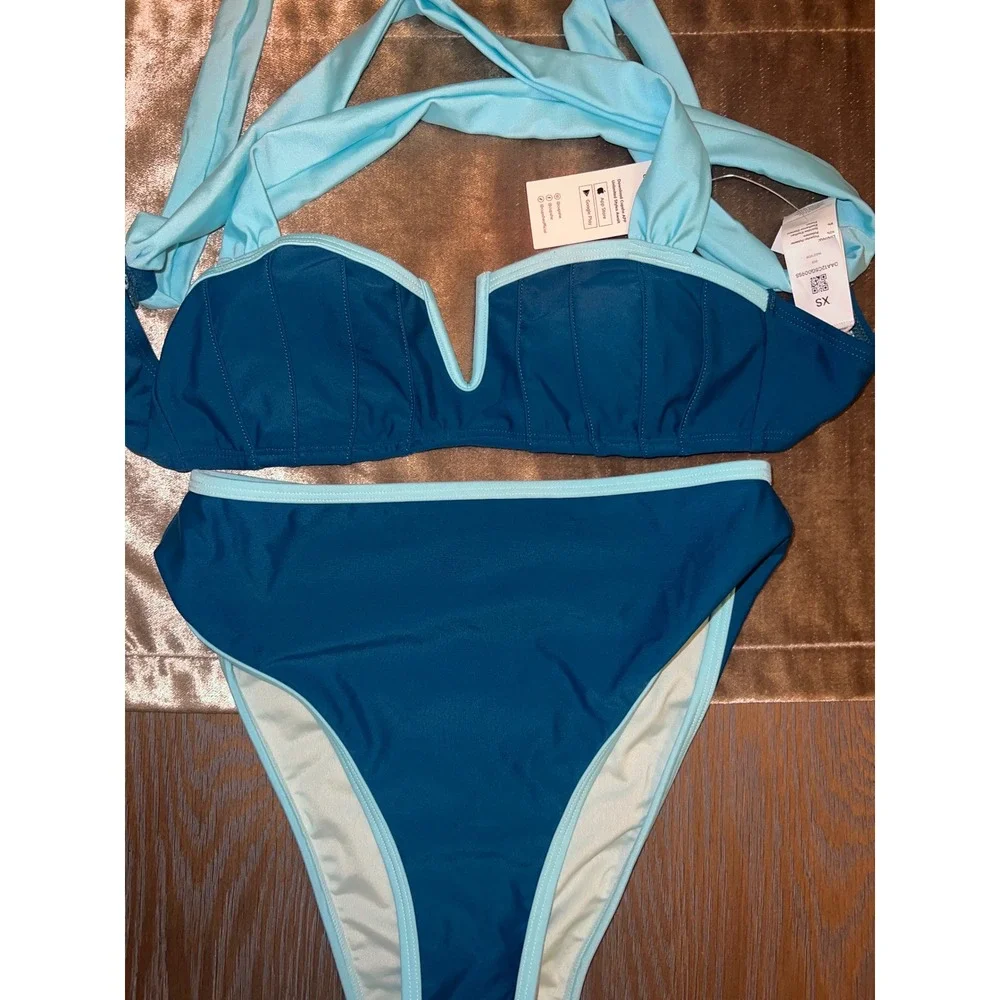 Teal Seashell Pleated V-Wire High Waist Bikini Set XS